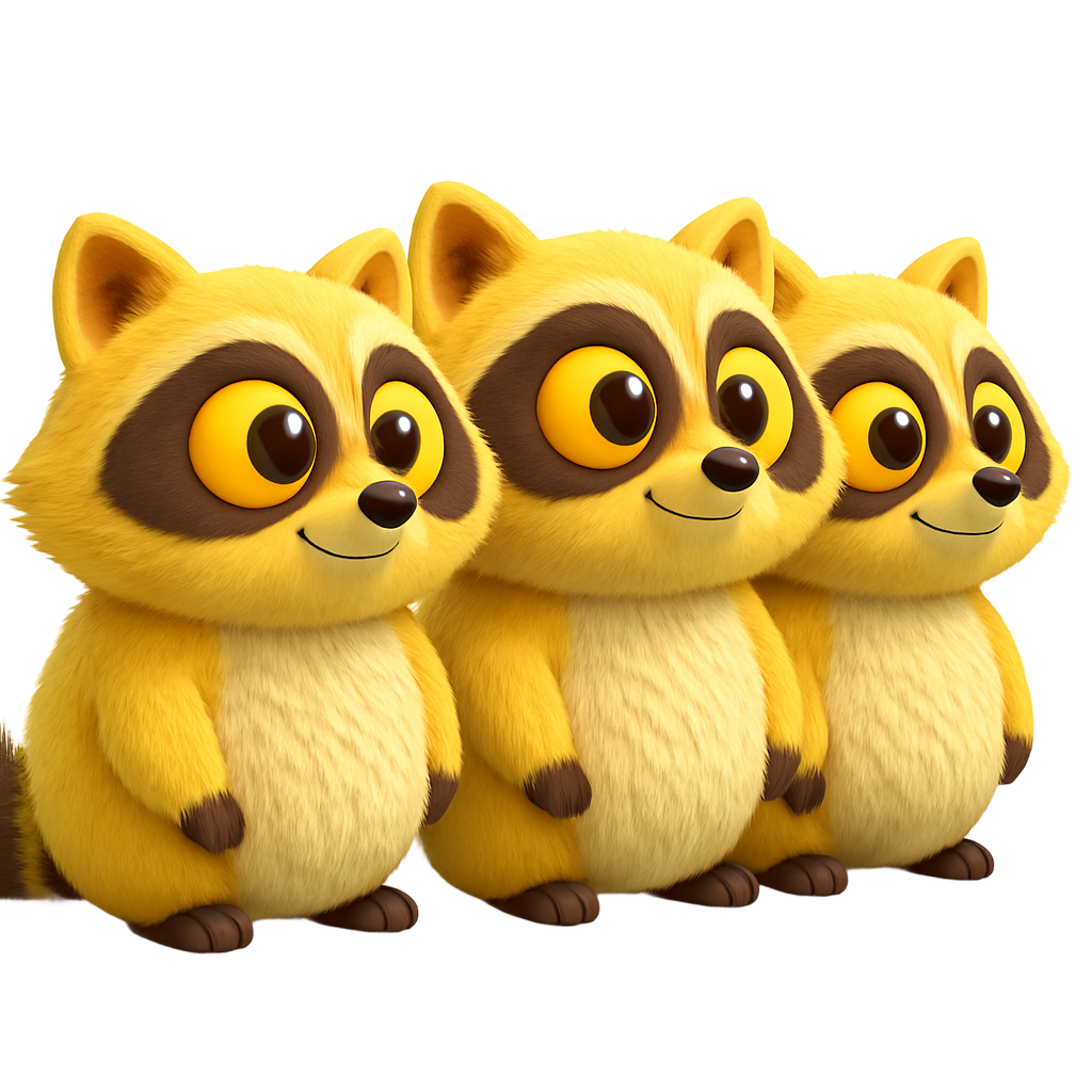 A chubby cartoon raccoon with fluffy yellow fur